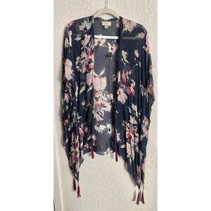 Loft Floral Navy Blue Pink Open Front Lightweight Airy One Size Kimono